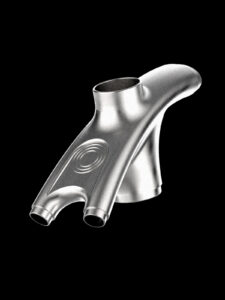 Bicicleta todoterreno Jaegher FL.X Ascender Phoenix personalizada de acero inoxidable, diseñada por IA e impresa en 3D en Bélgica, renderizado del grupo de asientos con aleta trasera