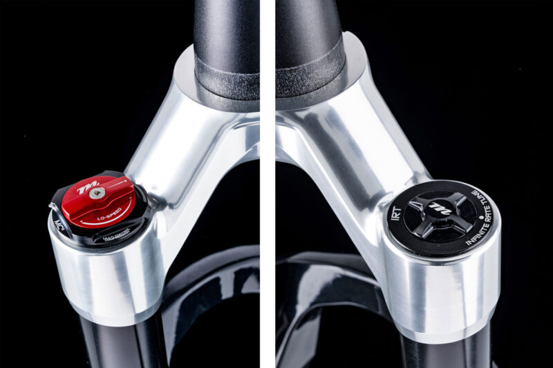 - Marchas Cicloturistas Manitou Mattoc Pro LE 2024, horquilla para bicicleta de montaña moderna de 110-150 mm de edición limitada, detalle de corona